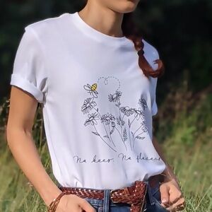 White Floral Graphic Tee with Bee Design